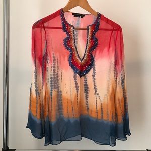 BCBG MA Multi-Color Sheer Embroidered Silk blouse